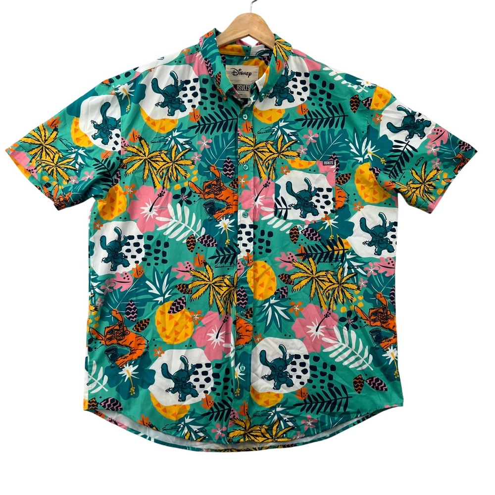 RSVLTS Disney Lilo & Stitch Kunuflex Button Down Shirt Mens 2XL Green Tropical